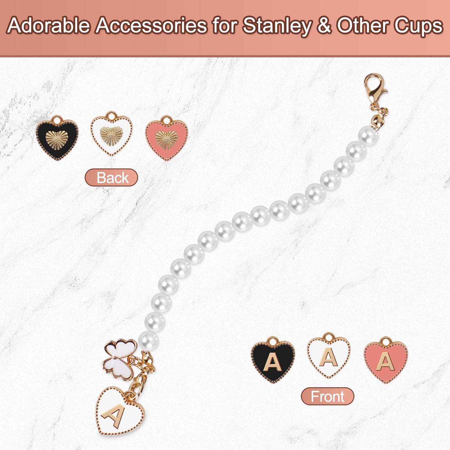 3PCs Letter Charm Accessories for Stanley Cup, ID Initial Personalized Handle for Stanley/Simple Modern Tumbler 30 40oz, Pearl Chain Butterfly Decor With 3 Charms Replacement (A)