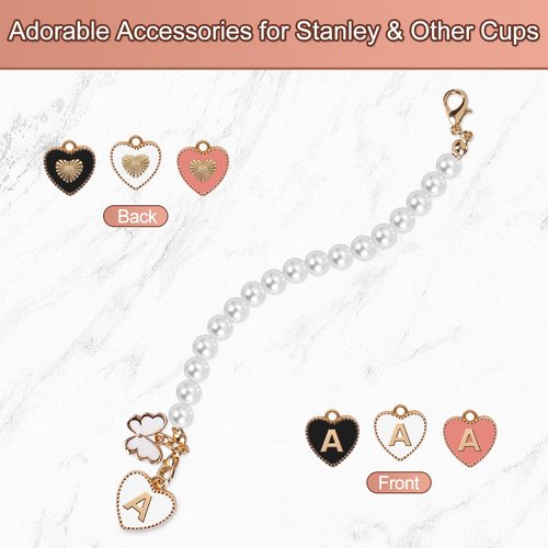 3PCs Letter Charm Accessories for Stanley Cup, ID Initial Personalized Handle for Stanley/Simple Modern Tumbler 30 40oz, Pearl Chain Butterfly Decor With 3 Charms Replacement (A)