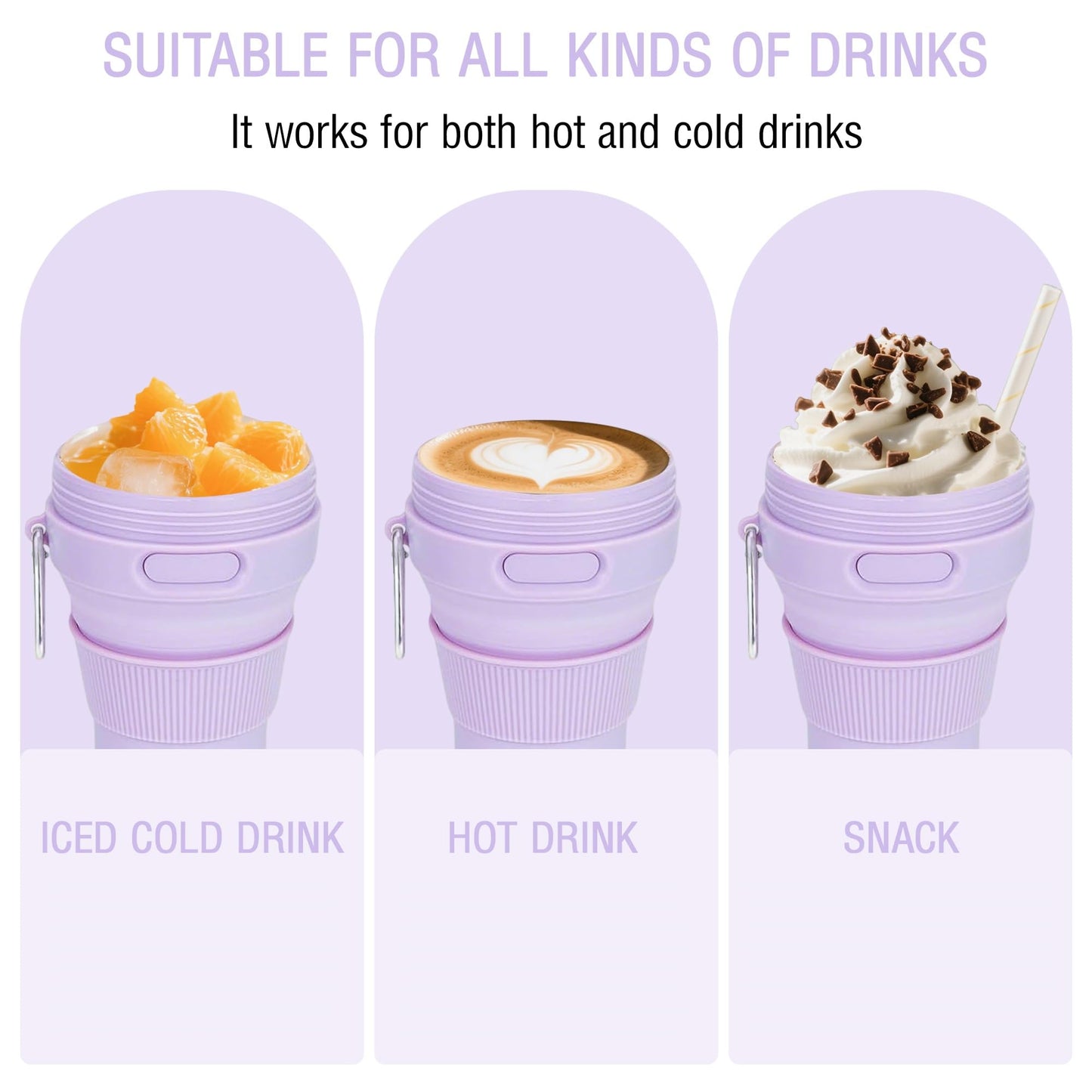 JSHYGOUP Silicone Collapsible Travel Mug Purple 15oz / 450ml - Leak-Proof Reusable Silicone Water Bottle for Hot and Cold Beverages - Travel Office and Home - Dishwasher Safe - Straw Included