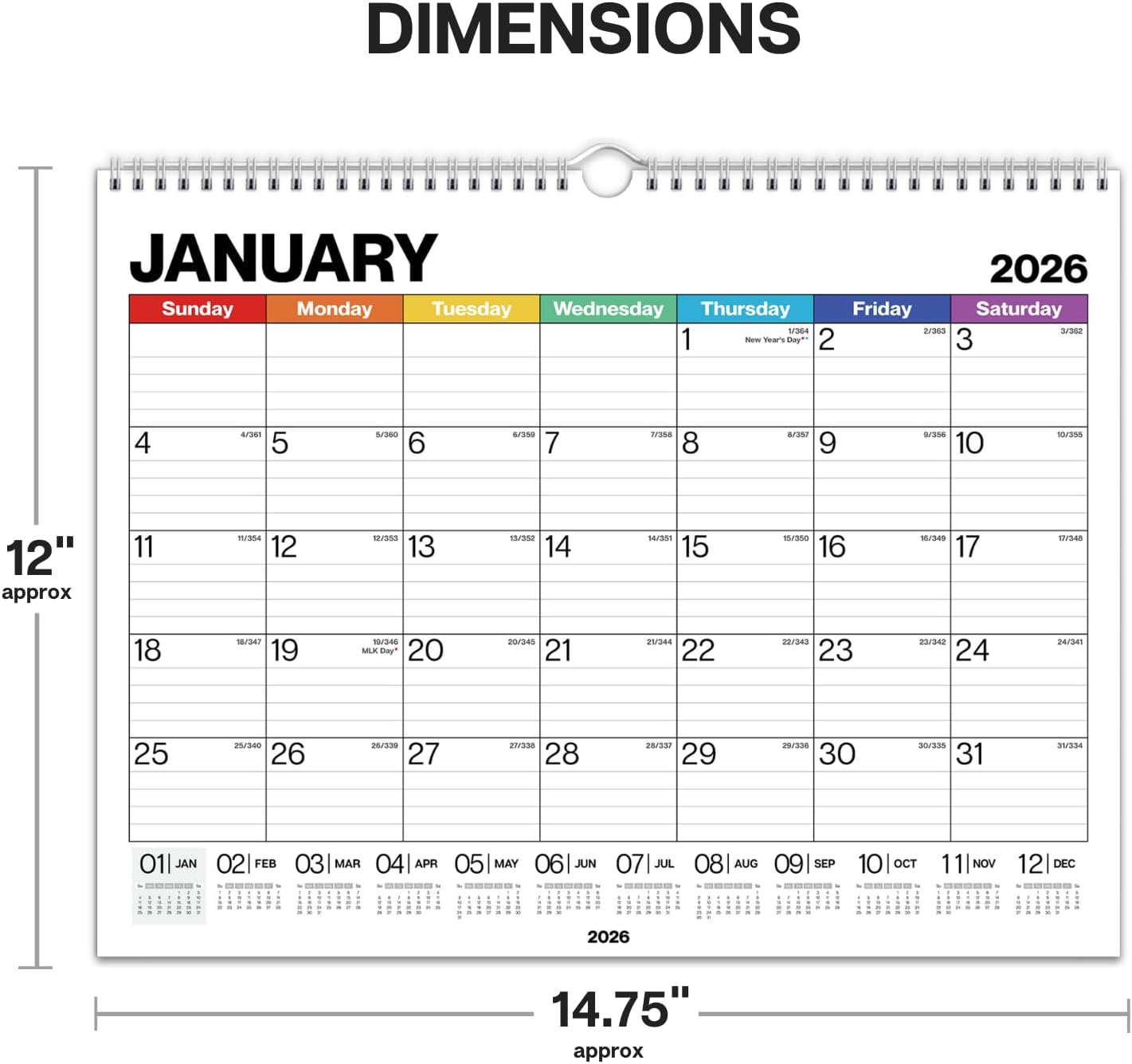 Dunwell 12x15 Wall Calendar 2025-2026 (Colorful), Use Now to Dec 2026, Large Lined 12 x 15 Monthly Calendar, Professional Styling for Home or Office, Premium Paper