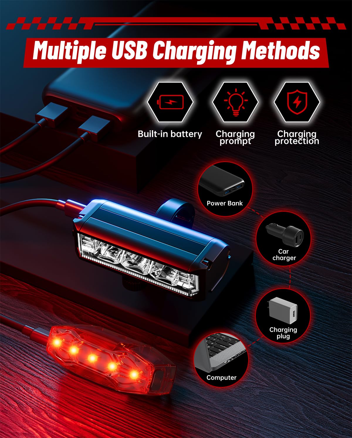 POSUGEAR Bike Lights Accessories for Night Riding, Rechargeable Bicycle Light Front and Back, LED Headlight Tail Rear Light Reflectors for Adults Kids Road Mountain Electric Ebike