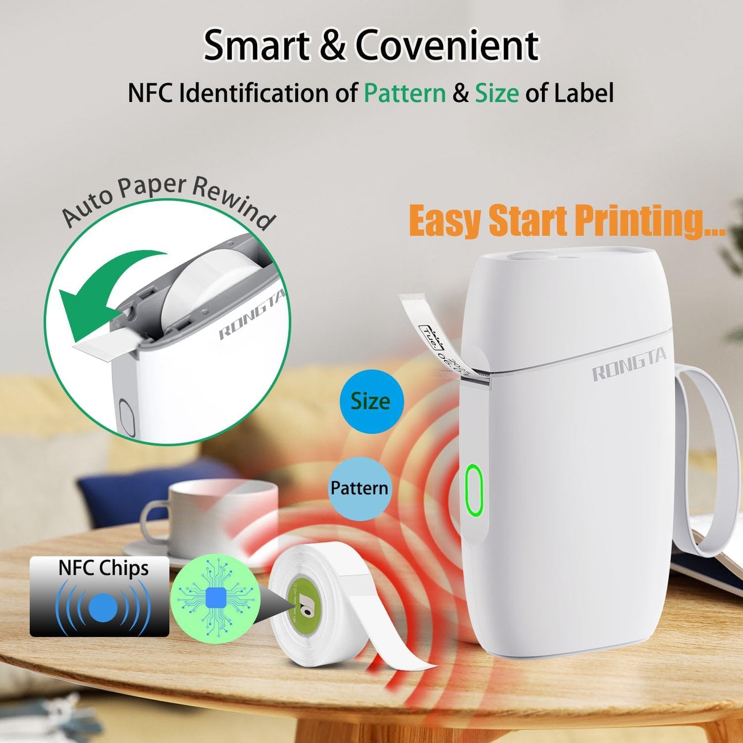 Rongta Label Maker Machine with Tape, Bluetooth Label Printer, Wireless Mini Label Makers with Multiple Templates for Organizing Office Home, (White)