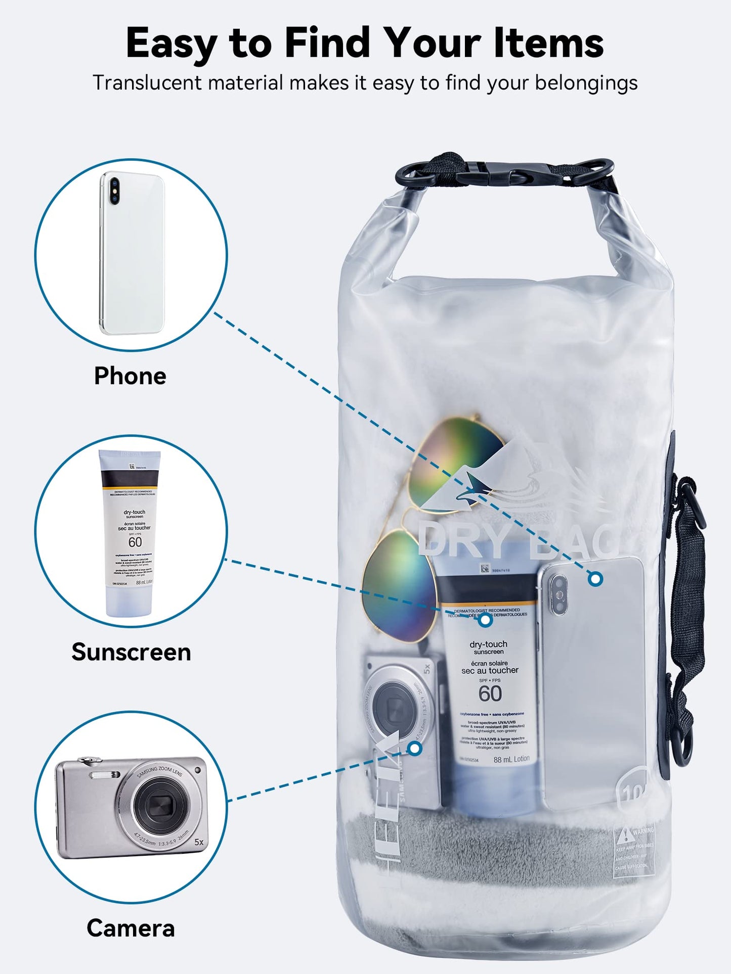 HEETA Dry Bag Waterproof for Women Men, Roll Top Lightweight Dry Storage Bag Backpack with Phone Case for Travel Swimming Boating Kayaking Paddle Board Camping Beach Accessories (White, 30L)