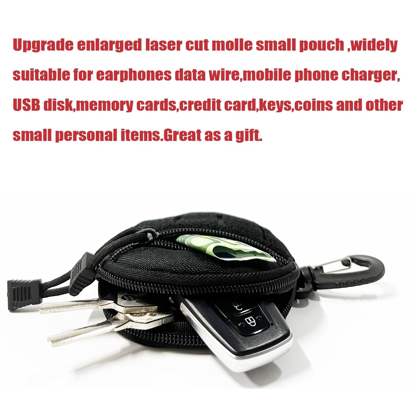 1000D Laser Cut Molle Pouch EDC Pouch Tactical Round Zipper Bag Case Coin Pouches Coin Purse Keychain Little Change Wallet Wireless Headset Pack Gadget Bag (Black)