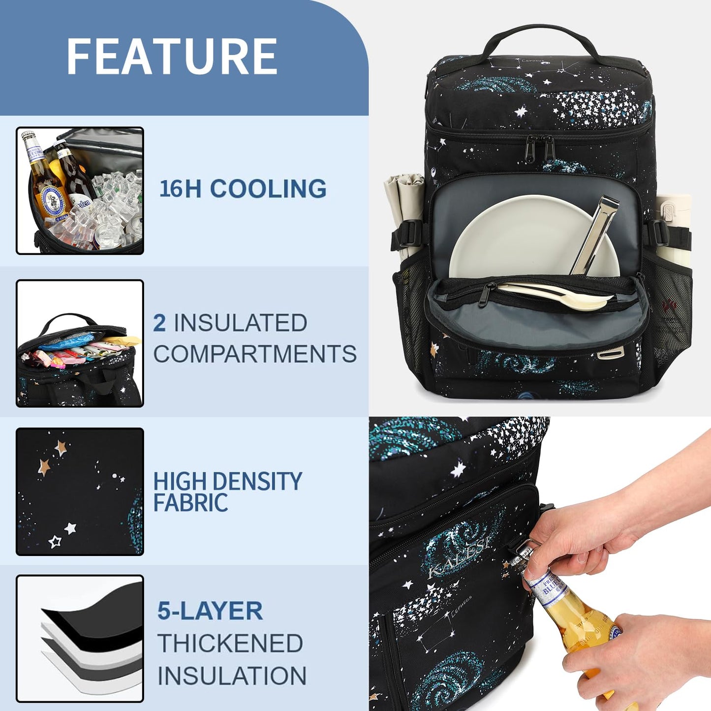 Kalesi Cooler Backpack 36 Cans Lightweight Insulated Backpack Cooler Leak-Proof Travel Camping Lunch Backpack Outdoor Cutlery Backpack for Men and Women (B-Starry Sky)