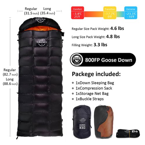 OMVMO -10 Degrees F 800 Fill Power Down Sleeping Bag for Adults,Black Left-Zipper Regular