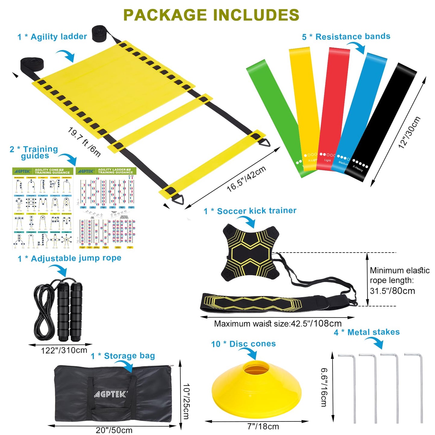 AGPTEK Agility Training Equipment Set, Agility Ladder Speed Soccer Kick Trainer Cones Jump Rope Resistance Bands Exercise Workout Equipment Boost Fitness & Increase Quick Footwork