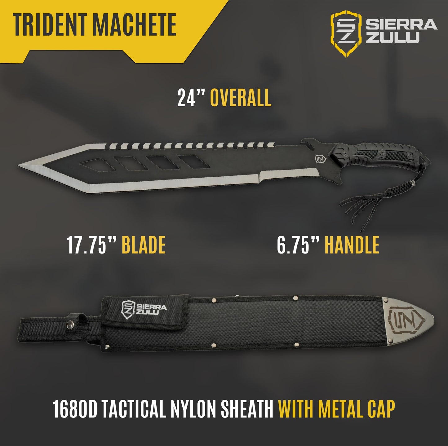 Sierra Zulu Trident Machete - Stainless Steel, 24.0 inches Overall, Modified Tanto Blade with Saw Tooth Back Edge - Tactical Nylon Sheath with Reversible Wear Strap