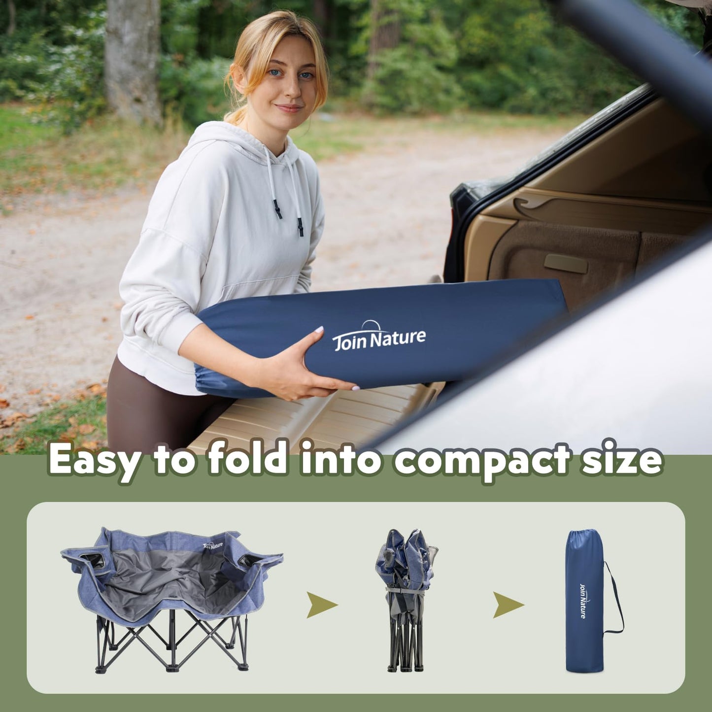 Join Nature 700lbs Capacity Double Camping Chair for 2 Adults - Low-Profile Outdoor Loveseat with XL Cup Holders & Storage Pockets, Heavy Duty Folding Couch for Camping, Lawn, Backyard (Navy Blue)