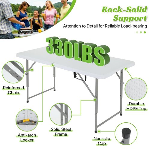 GINMAON 4Ft Foldable Table Adjustable Height with Built-in Handle, 4 Foot Heavy Duty Portable Folding Table with Steel Legs for Indoor Outdoor Camping, Parties, Wedding, Picnic, Catering (4ft, White)