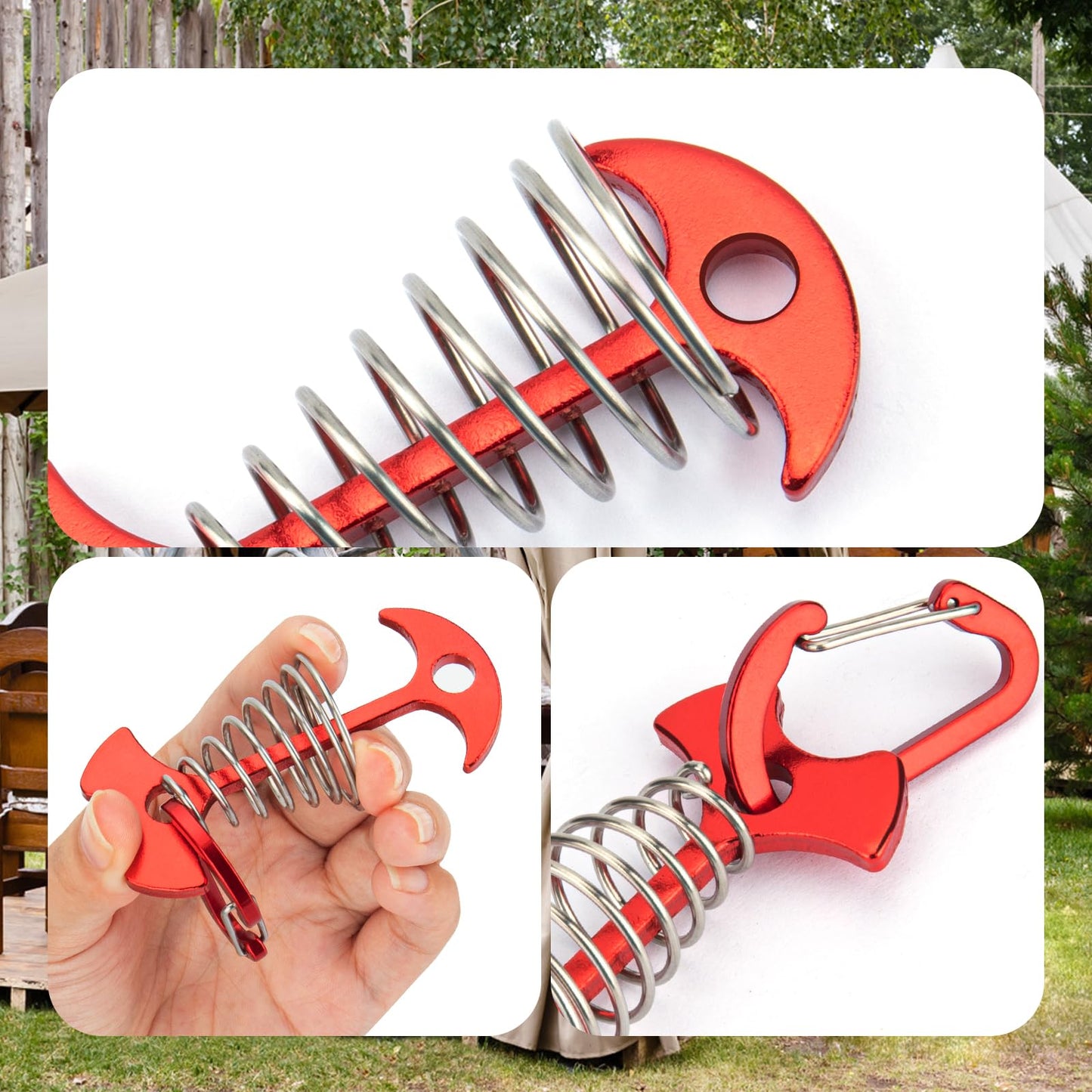 10pcs Deck Peg Deck Anchors with Carabiners, Aluminium Tie Down Tent Stakes,Rope Tightener with Spring Buckle Fishbone Anchor Pegs with Spring Buckle for Outdoor Camping Hiking