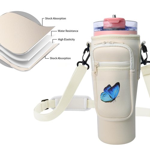 YININGYUXI Butterfly Water Bottle Carrier Bag with Phone Pocket for Stanley Cup 40 oz, Water Bottle Holder with Adjustable Strap, Stanley Cup Accessories
