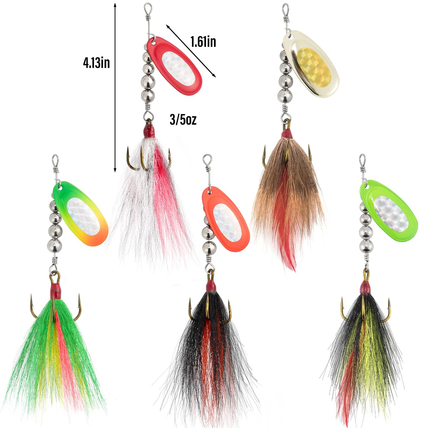Alownder 5PCS Musky Lures Bucktail Spinnerbait Muskie Fishing Lures, French Blade Stainless Steel Shaft Beads Triple Hook Inline Spinner Bait Kit for Pike Bass Trout Kokanee Salmon Fishing