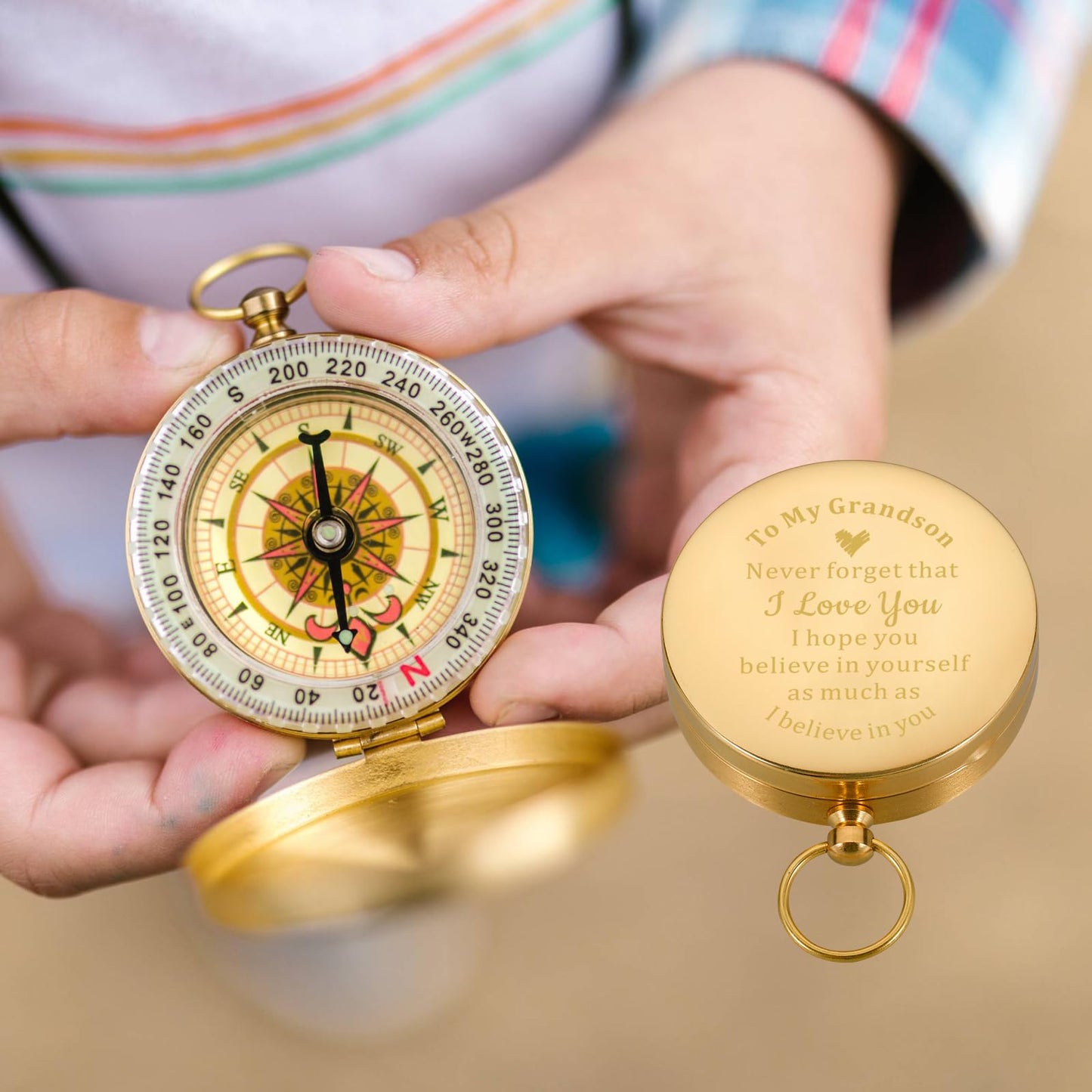 KINMES Brass Engraved Compass - Inspirational Gifts for Grandson: Baptism, Confirmation, Graduation, Christmas, Stocking Stuffers