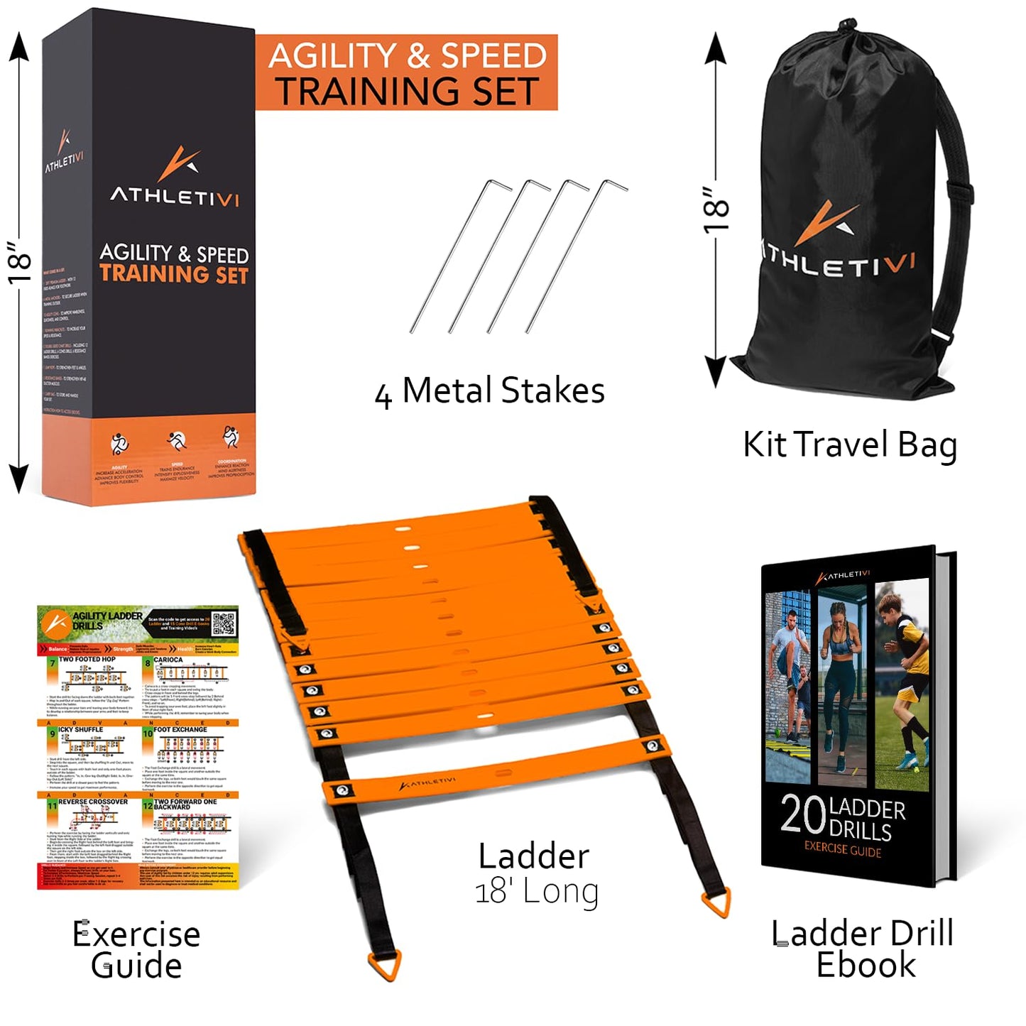 Athletivi Agility Training Equipment Set for Proffesional Training, Adults, Youth & Kids. Soccer & Footbal Training Set with Fixed-Rung Ladder - Enhance Speed, Power & Strength. (Orange Ladder)