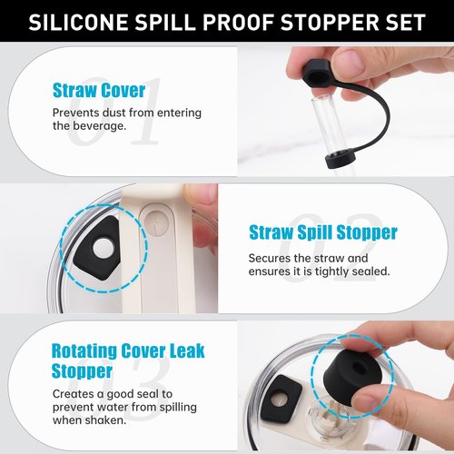 NiHome Silicone Water Bottle Handle with Anti-Spill Stopper Kit - Compatible with Stanley 1.0 & 2.0, Fits 2.7-5.12 Inch Diameter for Easy Carrying On-The-Go (Black)