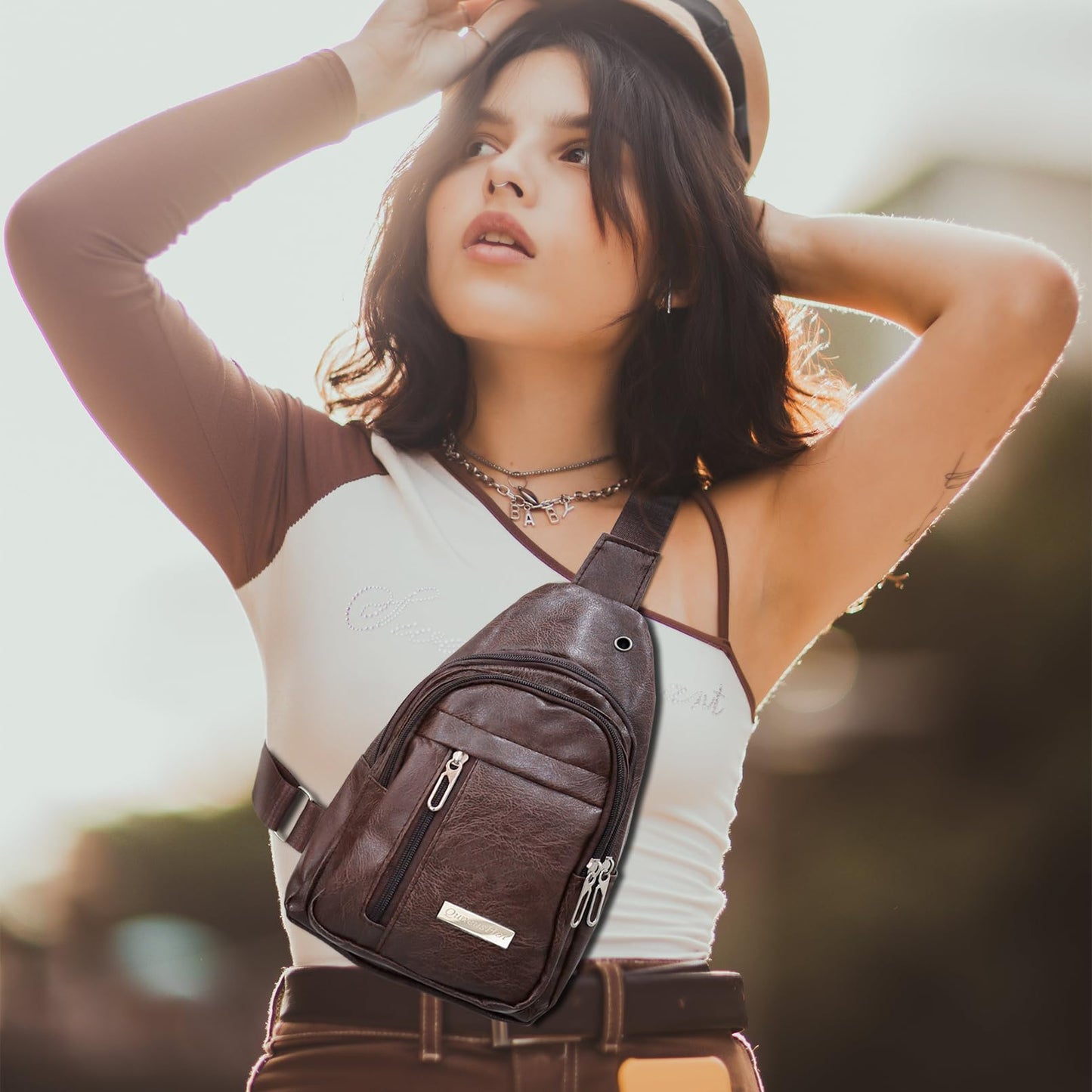 QuneusHot 2Pcs Sling Bags for Crossbody Small Leather Backpack Anti Theft Casual Chest Bag Travel Hiking for Men Women Coffee