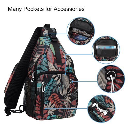 MOSISO Sling Backpack Bag, Crossbody Shoulder Bag Travel Hiking Daypack Chest Bag with Front Square Pocket&USB Charging Port, Creative Plant Leaves