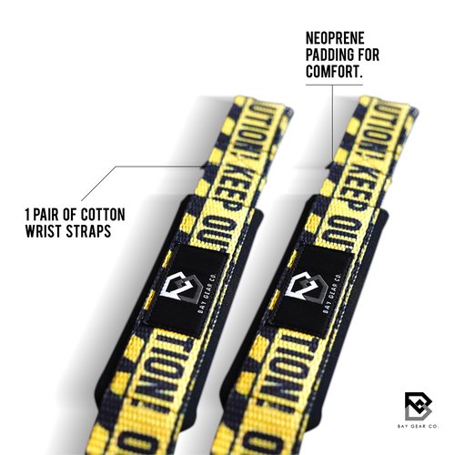 BAY GEAR CO. Wrist Straps for Weightlifting - 1 Pair Cotton Lifting Straps with Neoprene Padding, Comfortable Gym Essentials for Enhanced Grip Strength - Unique Printed Caution Design