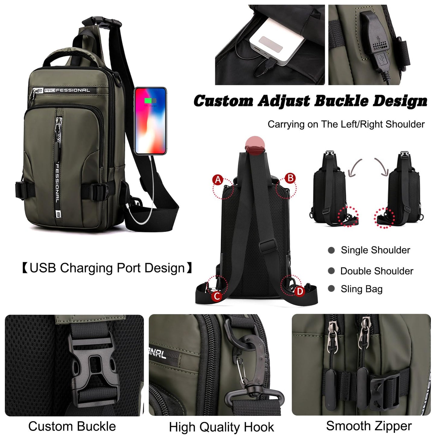 FANDARE Men Sling Crossbody Backpack Crossbody bag for Men One Strap Motorcycle Chest Bag Cover Pack for Hiking Cycling Travel Outdoor Sport Small Casual Backpack with USB Charger Port Nylon Green