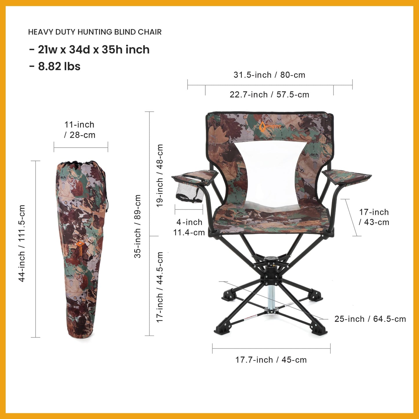 ARROWHEAD OUTDOOR 360° Degree Swivel Hunting Chair Stool Seat, Perfect for Blinds, No Sink Feet, Supports up to 450lbs, Carrying Case, Steel Frame, Fishing, High-Grade 600D Canvas, USA-Based Support