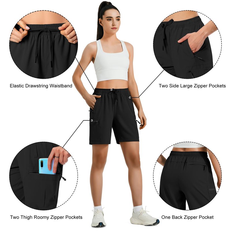 Hugut Women's Lightweight Hiking Cargo Shorts Quick Dry Athletic Shorts Camping Travel Golf Zipper Pockets Water Resistant Black