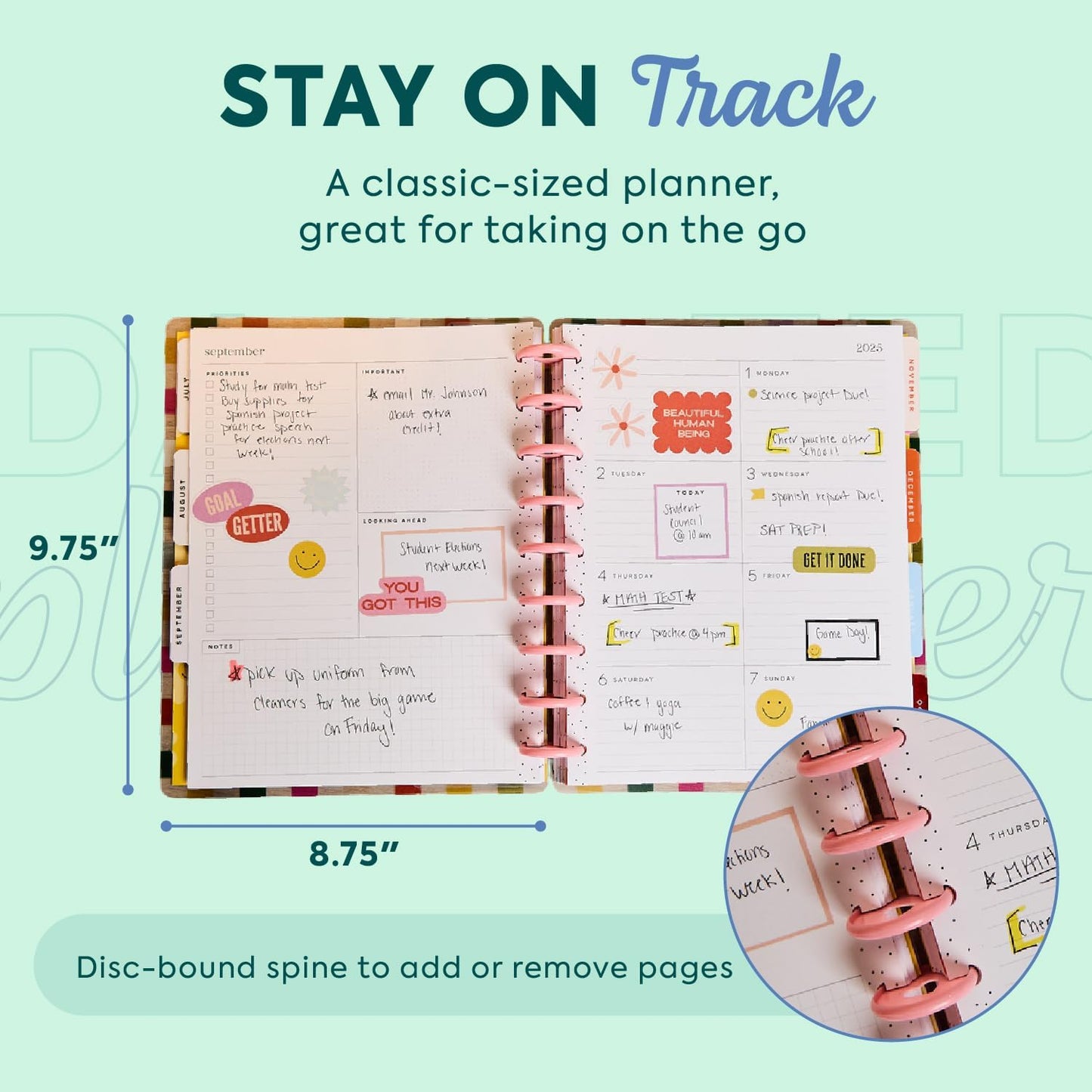 Happy Planner Disc-Bound 12-Month July 2025–June 2026 Planner with 3 Extra Months, Classic Size, Teacher Layout, Teacher Notes, 7" x 9.25”