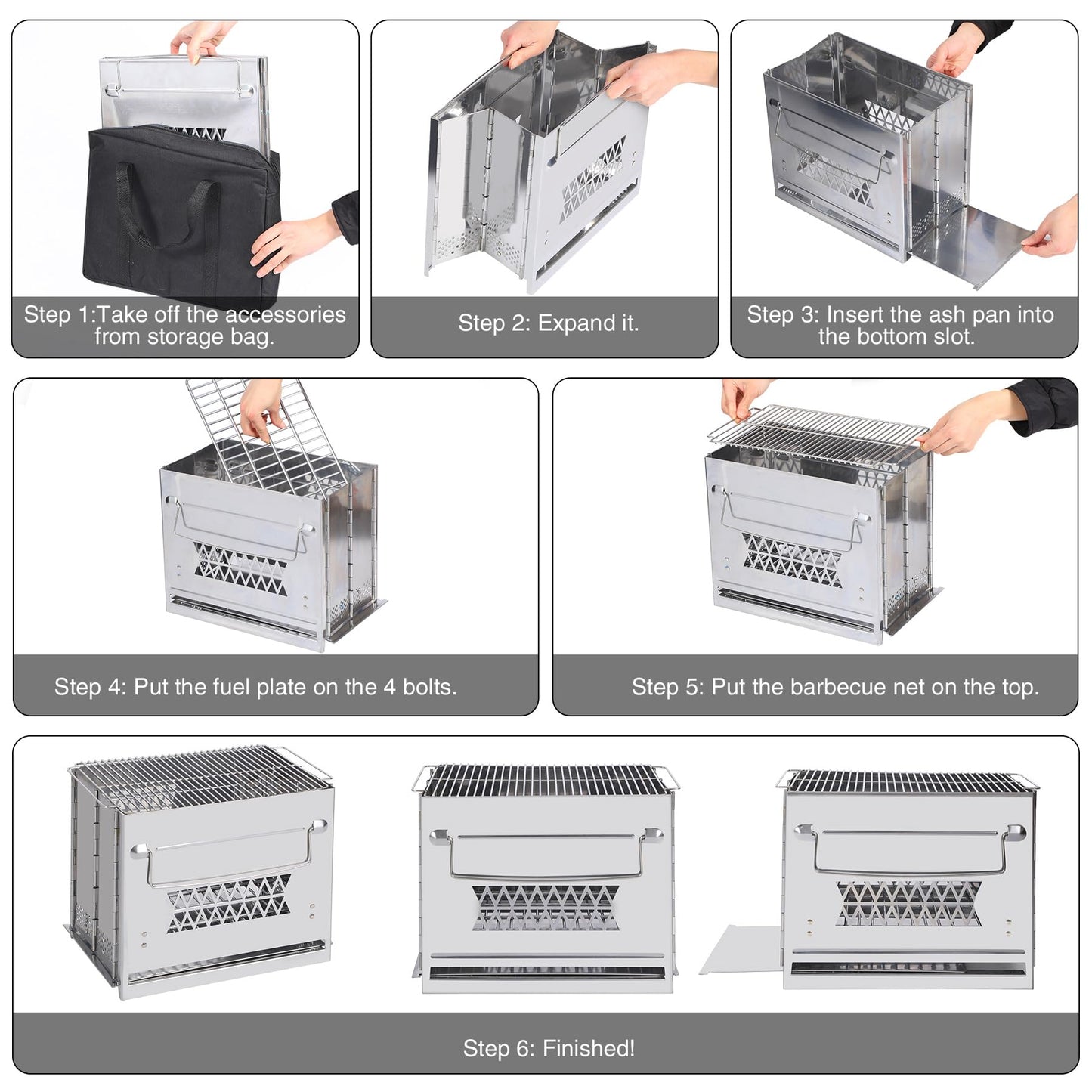 REDCAMP Wood Burning Folding Camp Stove Stainless Steel Grill, Rectangle Style Portable Collapsible Backpacking Stove Survival Rocket Stove for Hiking Outdoor Tent Camping Picnic BBQ, Large