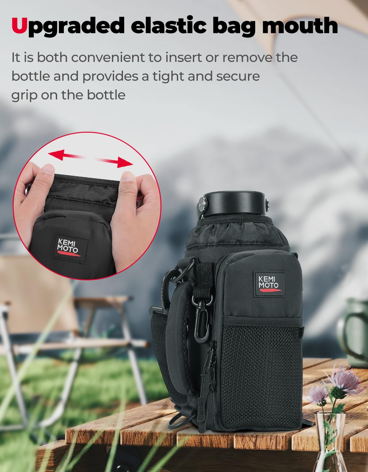KEMIMOTO Water Bottle Holder Bag, Water Bottle Carrier with Adjustable Shoulder Strap, Water Bottle Pouch Holder for Hiking, Compatible with YETI STANLEY SLM 32 oz, 40 oz (Black-1, Elastic Band-40 oz)