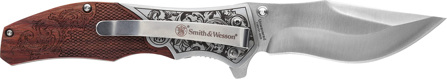 Smith & Wesson Accessories Smith & Wesson Unwavered Folder Featuring Engraved Rosewood Handle, Drop Point Blade, and 8Cr13MoV Stainless Steel