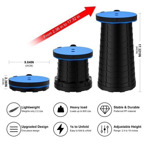 Upgraded Collapsible Stool, Lightweight and Durable Folding Telescoping Stool with Adjustable Height (10"-18"), Portable Camping Stool for Hiking, Fishing, Travel (Blue)