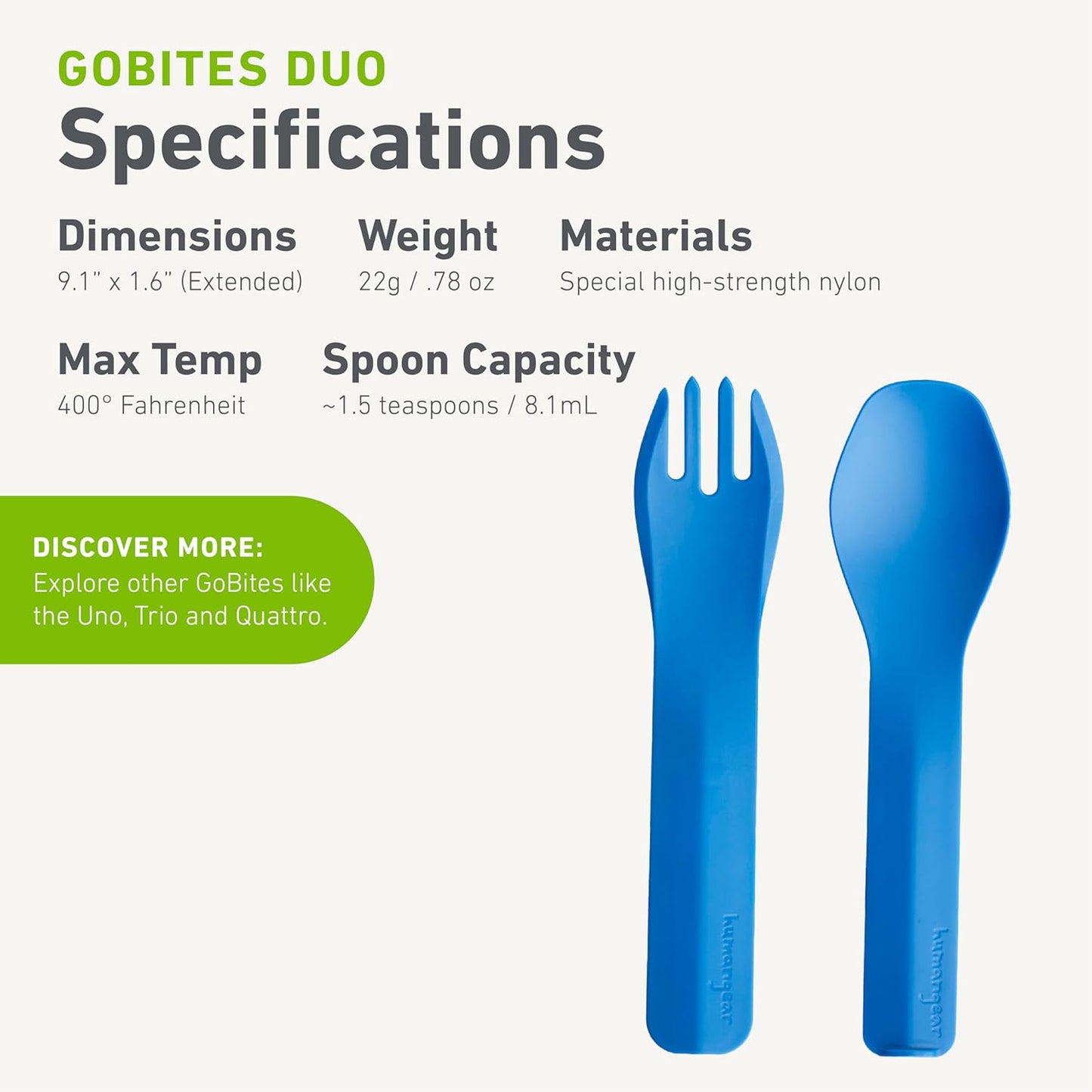 humangear GoBites Duo and Bio Duo Travel Silverware, Full Size Portable Fork & Spoon, Reusable Utensil Set, PC and BPA-free, Food-Safe Nylon or Plant-Based Resin, Extended - 9.1” X 1.6”