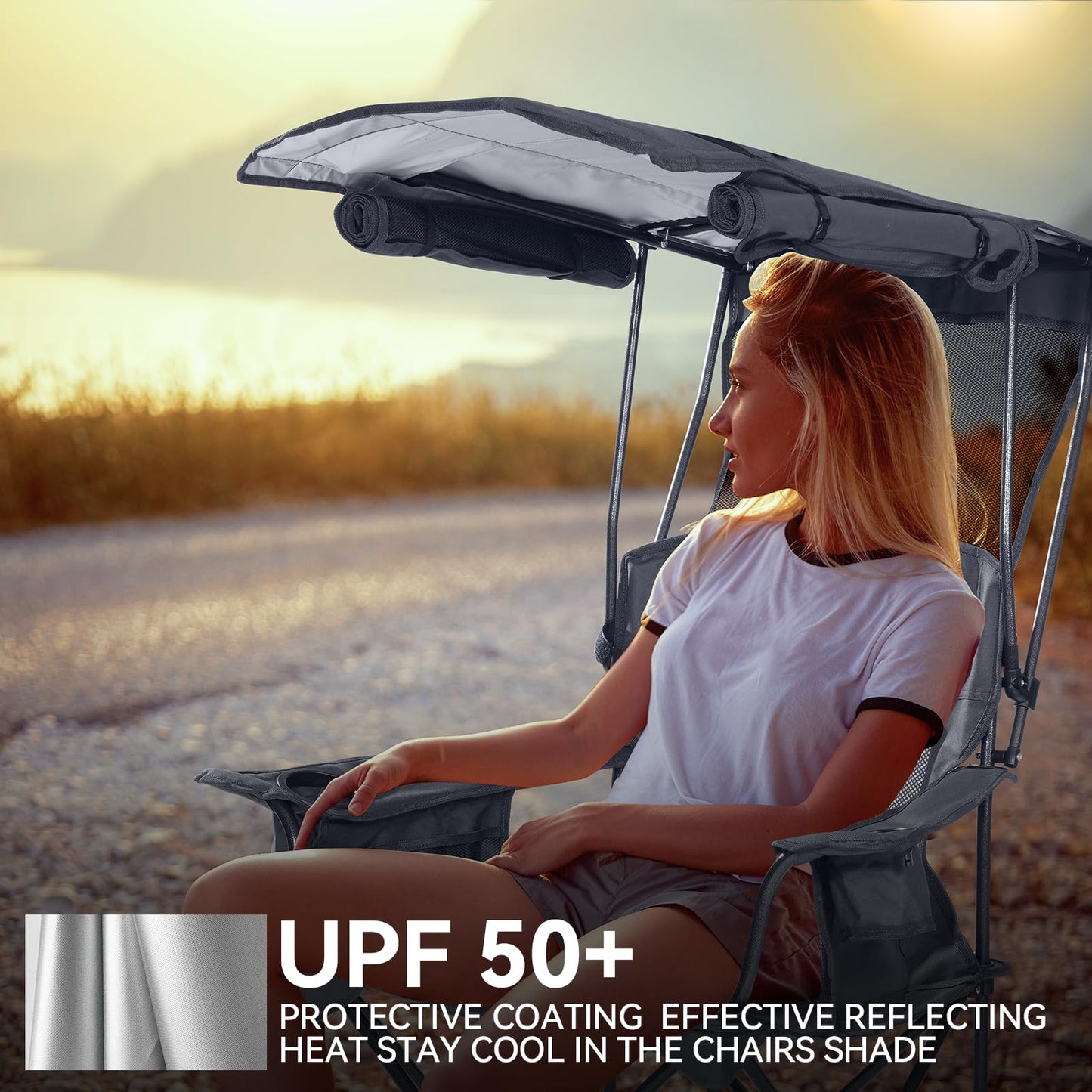 Huskfirm Camping Chair with Canopy Shade - Folding Beach Chair with UPF 50+ Sun Shade, Cup Holder, Side Pocket, Portable Sports Chair for Adults Support 330 LBS, Fishing Camp Outdoor Lawn Chair - Grey