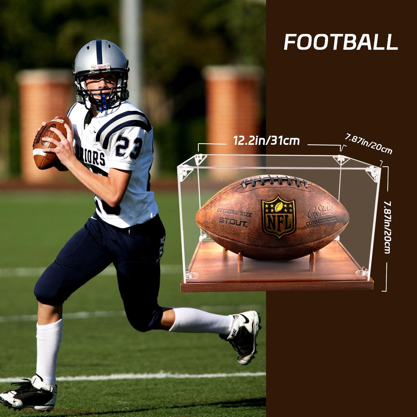 Football Display Case, Clear Acrylic Box with Wood Stand, Full Size Football Cases for Memorabilia & Signed , UV Protection, Dust Proof, Walnut