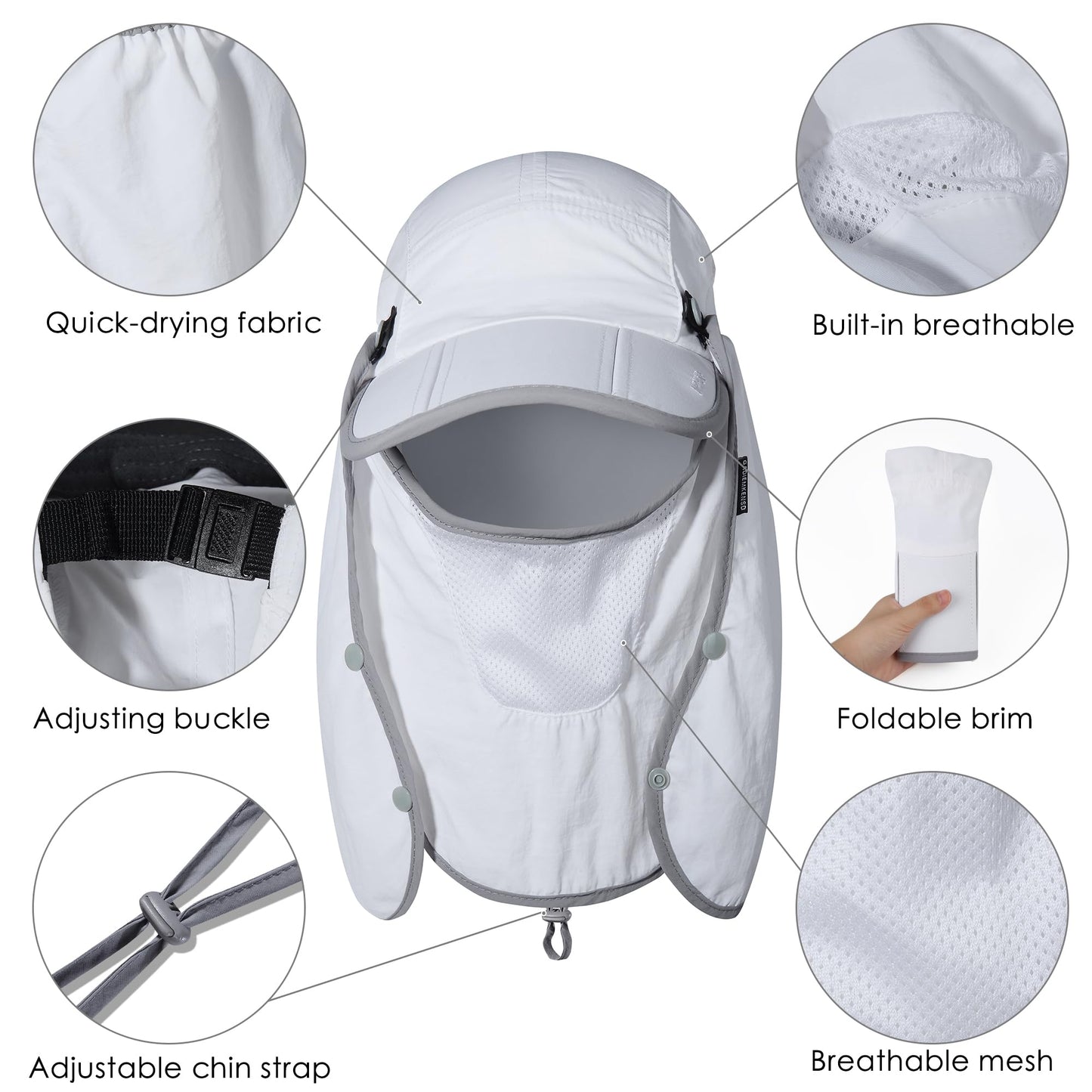 GADIEMKENSD Foldable Fishing Sun Hat with Neck Flap Face Cover Sun Protection Cool Baseball Cap Adjustment Covering Removable Legion Hat for Fishing Gardening Hiking Golf White