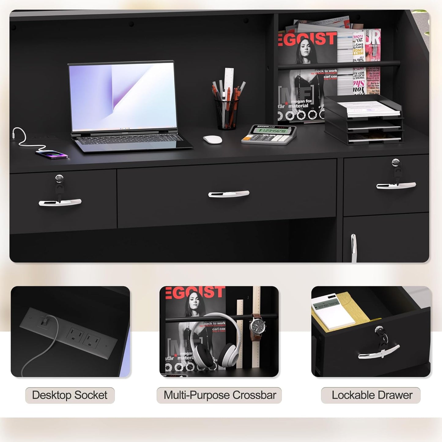 AHB Reception Desk with Counter, Modern Front Table Equipped Lockers & Storage Shelves, 50-inch Checkout Counter with LED Lights & DIY Stripe for Lobbies, Salons, Retail, Home Offices, Reception Room