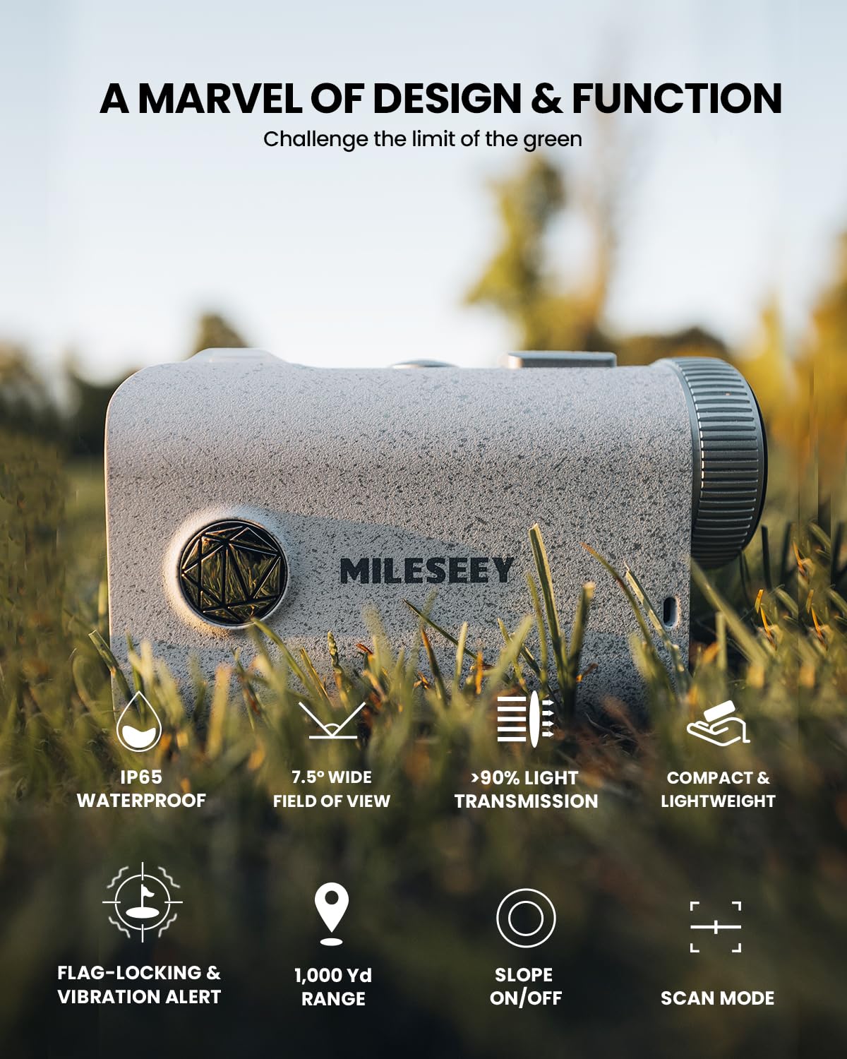 MiLESEEY PF1 1000 Yards Golf Rangefinder with Slope Switch, All Weather Golf Range Finder, 0.1s Flag Lock with Pulse Vibration, IP65 Waterproof, 7.5° Wide View, Continuous Scan Mode (PF1-White)