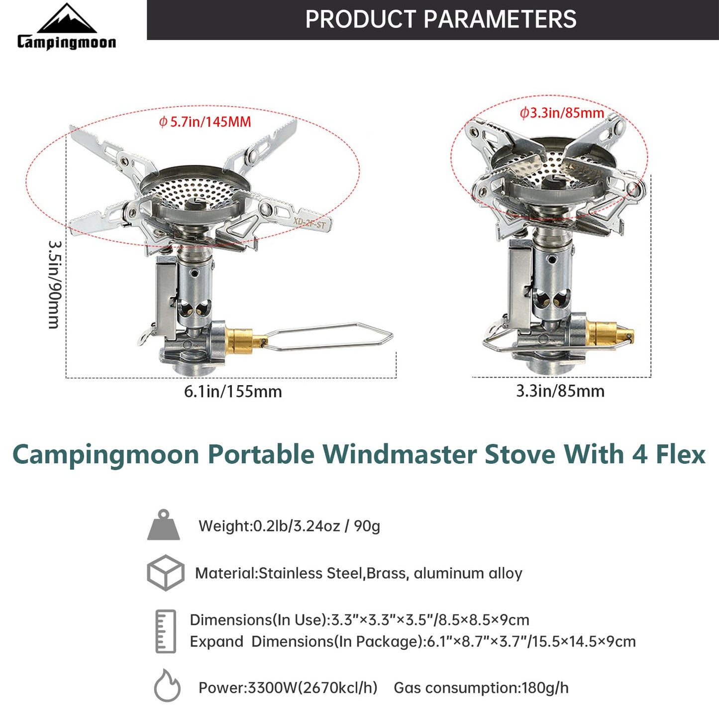 Campingmoon Portable Camping Gas Stove Ultralight Backpacking Stove With 4-Flex Outdoor Hiking Gear (XD-2F(With Igniter))