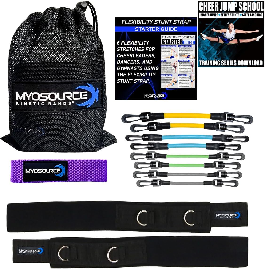 Cheer Kinetic Bands Cheerleader Flexibility and Strength Training | Improve Jumps, Stunts, Landings | 4-Level Leg Resistance Bands & 12 Stunt Strap Color Options, Digital Training Downloads