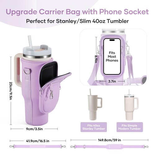 linmaya Carrier Bag with Phone Pocket and 2 Adjustbale Straps for Stanley 40oz Tumbler(Purple+Pink)