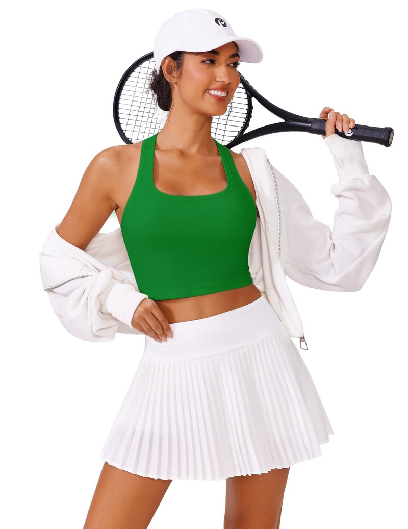 PINSPARK Sports Bras for Women Longline Workout Tops with Light Supportive Racerback Tank with Built in Bra Pilate Crop Top, Green Medium