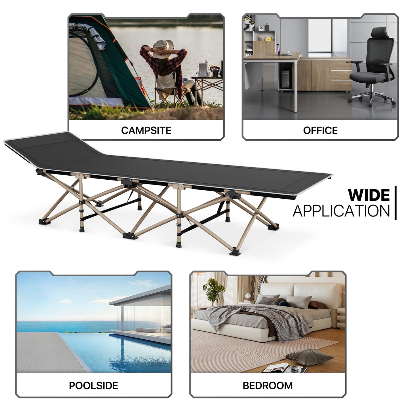 MoNiBloom Folding Sleeping Cot for Adults, Easy to Set Up Portable & Lightweight Camping Cot for Outdoor Camping, Lounging and Elevated Napping, Support 360 lbs, Black