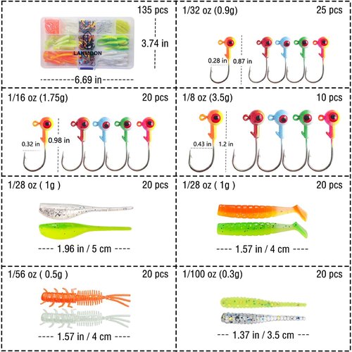 135 Pieces Jig Heads Fishing Hooks kit with Soft Plastic Crappie Lures for Crappie Trout Bass Walleye Bluegill Perch Catfish
