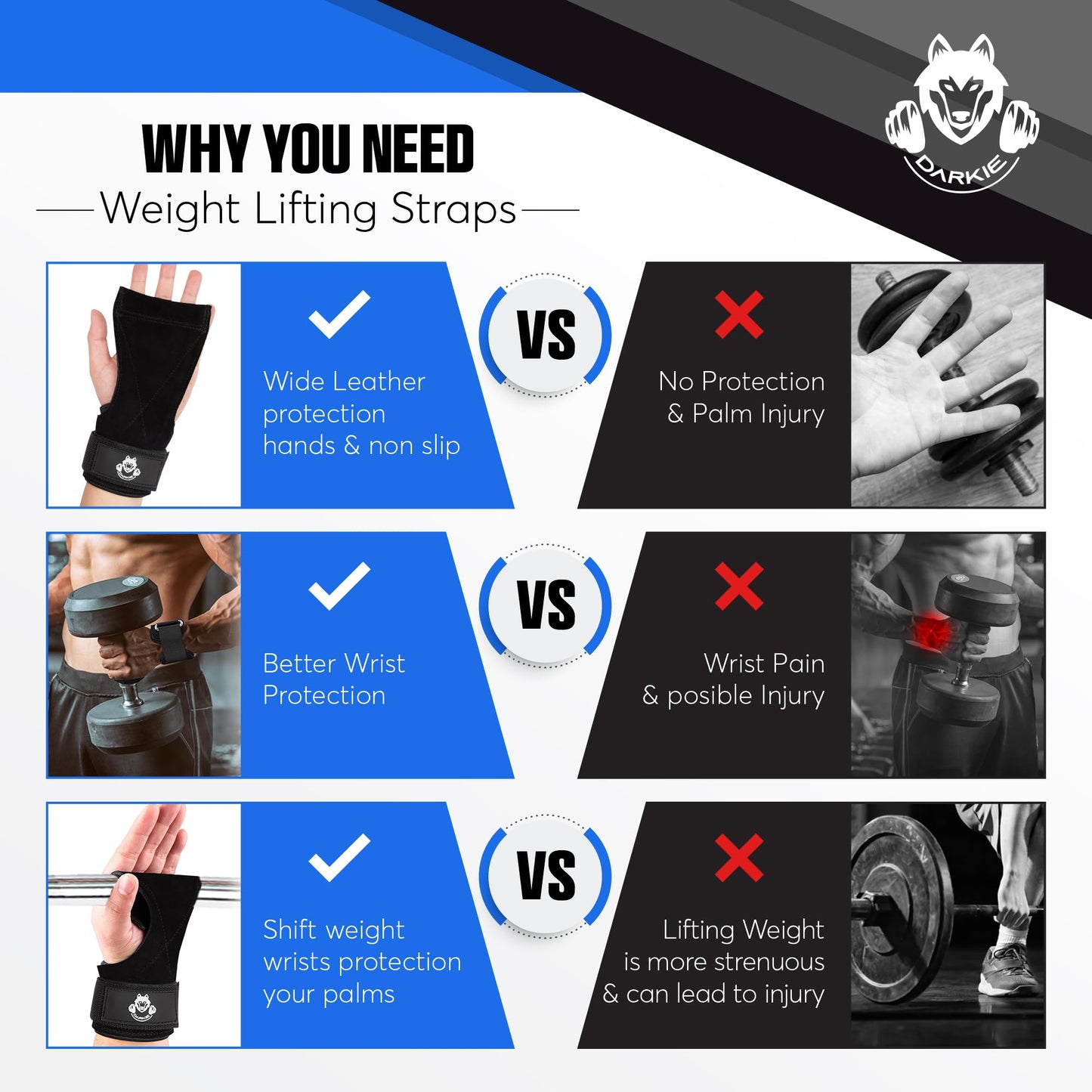 DARKIE Weight Lifting Wrist Strap - Lifting Straps for Weightlifting - Double Layer Leather Weightlifting Wrist Strap for Deadlift and Powerlifting - Adjustable Neoprene Padded Gym Workout Lifting Wrist Hooks for Men/Women(Pair)