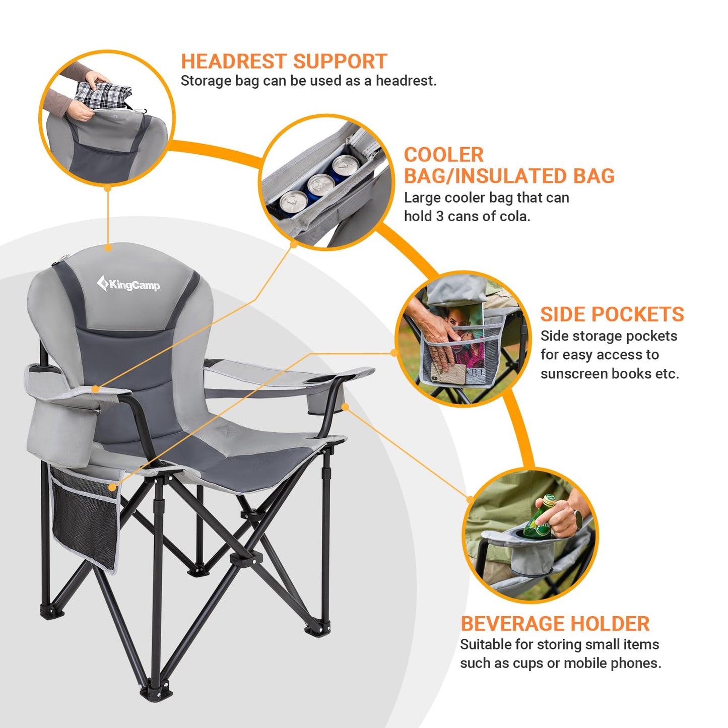 KingCamp Oversized Camping Folding Chair with Lumbar Support, Heavy Duty Ergonomic Padded Arm Chair with Cooler Bag, Cup Holder, Portable for Outdoor