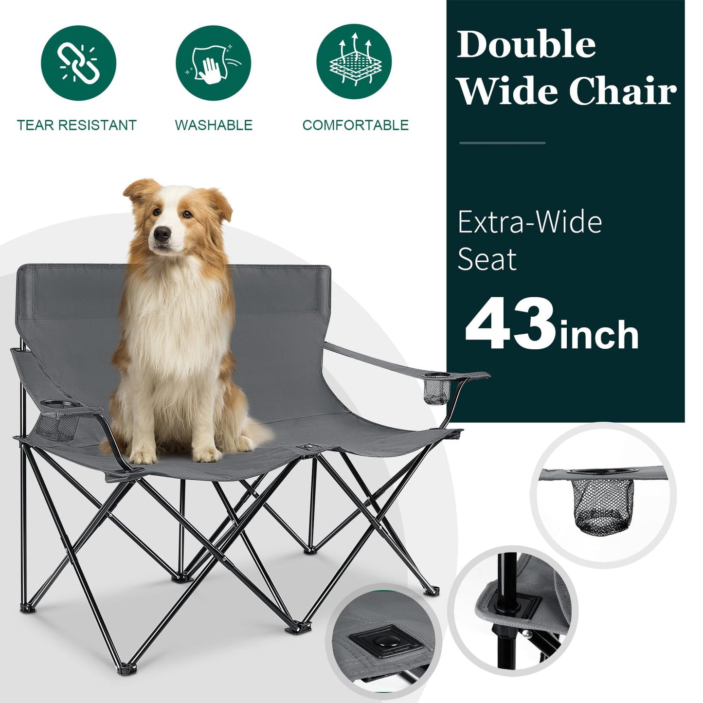 Leonyo Double Camping Chair, Loveseat Camping Chair with Folding Table, 2 Person Outdoor Folding Beach Chairs for Adults, Cup Holders & Carry Bag for Outside Travel, Supports 500lbs, Grey