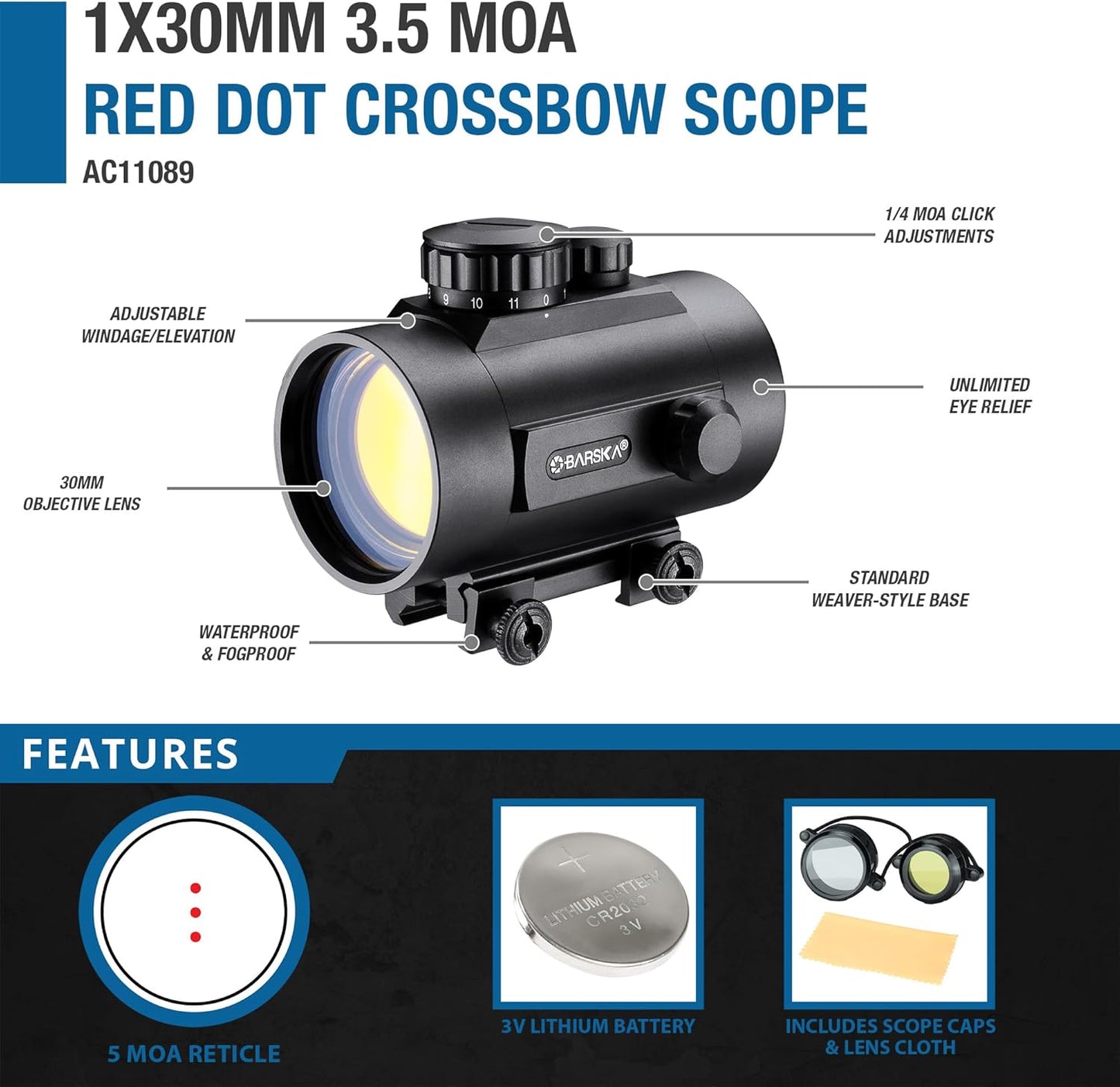 Barska Red Dot Sight – Compact Reflex Optic Scope with Adjustable Brightness for Rifles, Shotguns, Handguns, and Crossbows