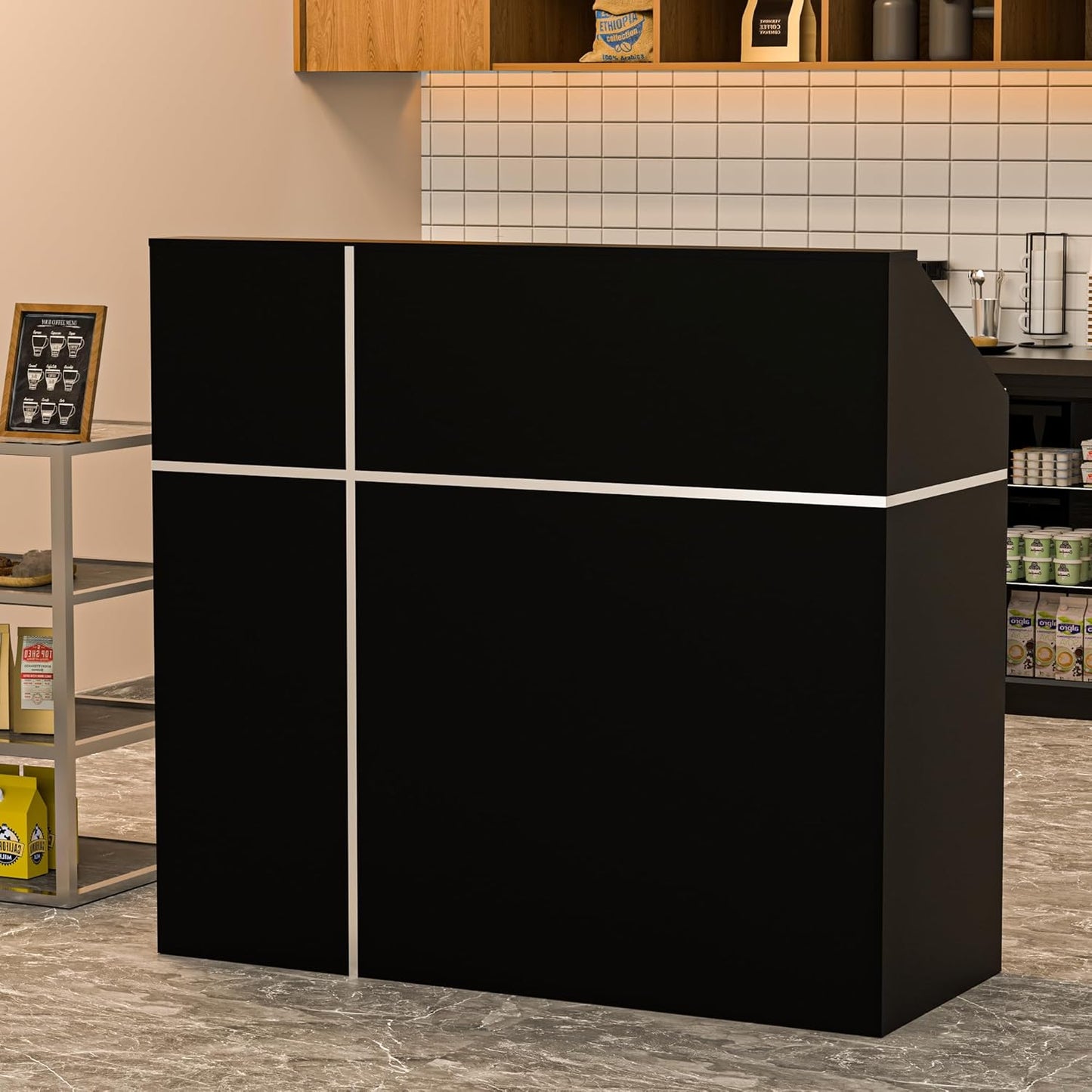 AHB Reception Desk with Counter, Modern Front Table Equipped Lockers & Storage Shelves, 50-inch Checkout Counter with LED Lights & DIY Stripe for Lobbies, Salons, Retail, Home Offices, Reception Room
