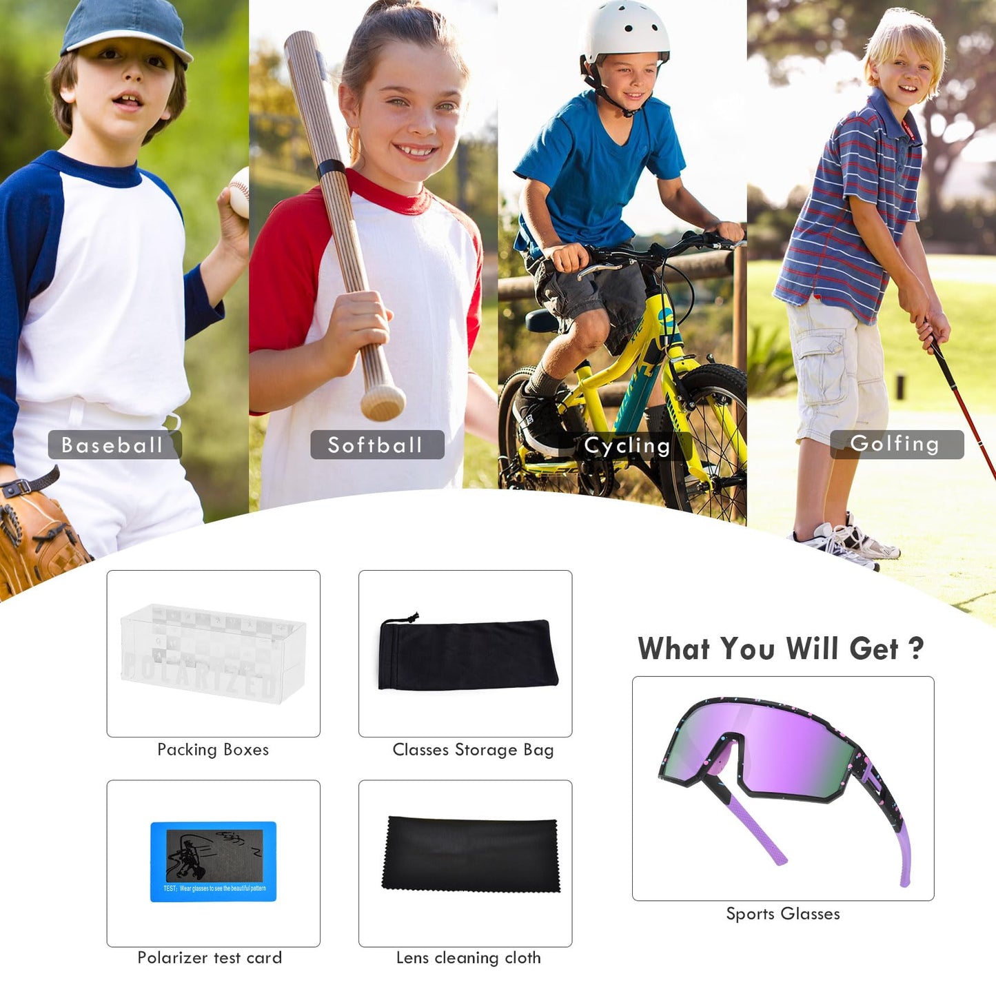 MVPTGRS Youth Baseball Sunglasses for Boys Girls Age 8-14 TR90 Frame Kids Sport Sunglasses for Softball Cycling Baseball Golf