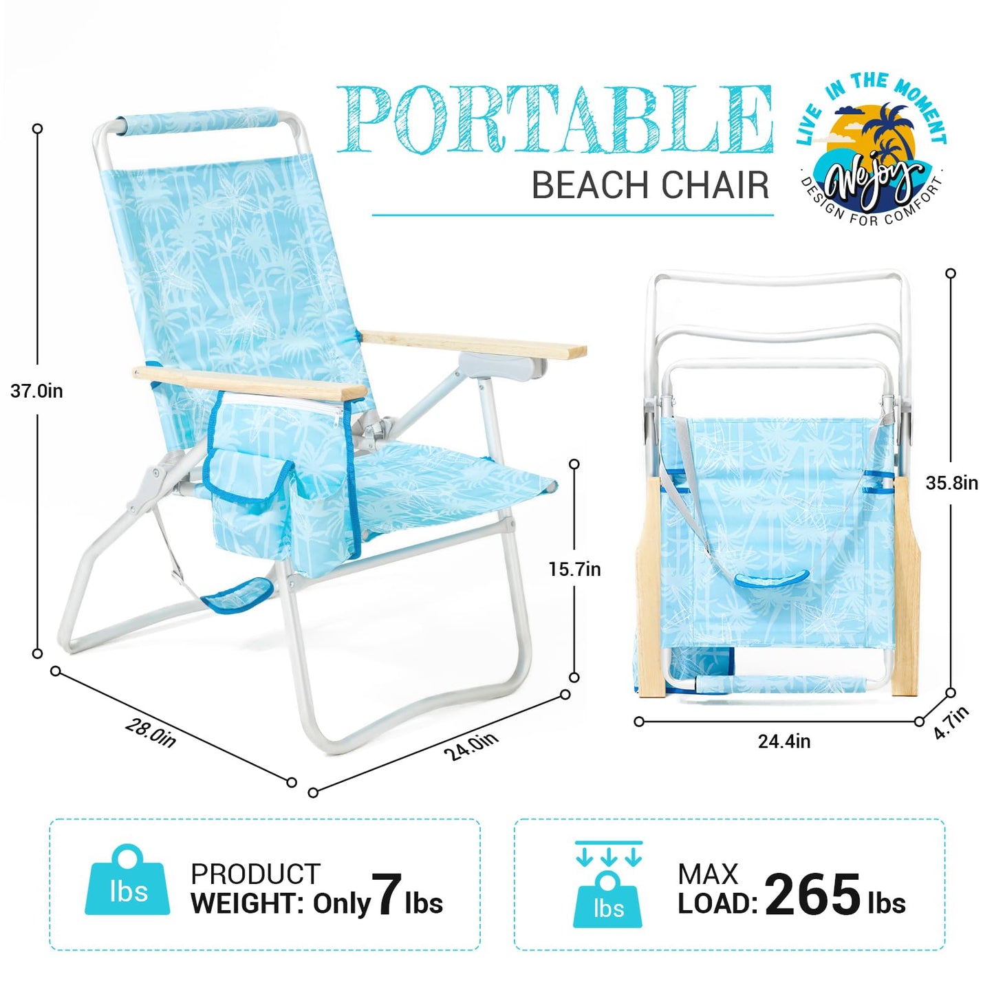 #WEJOY High Back Beach Chair, 4 Position Adjustable Heavy Duty Aluminum Folding Backpack Camping Chairs with Wooden Armrest, Storage Bag & Cup Holders for Outdoor Travel Fishing (Blue White)